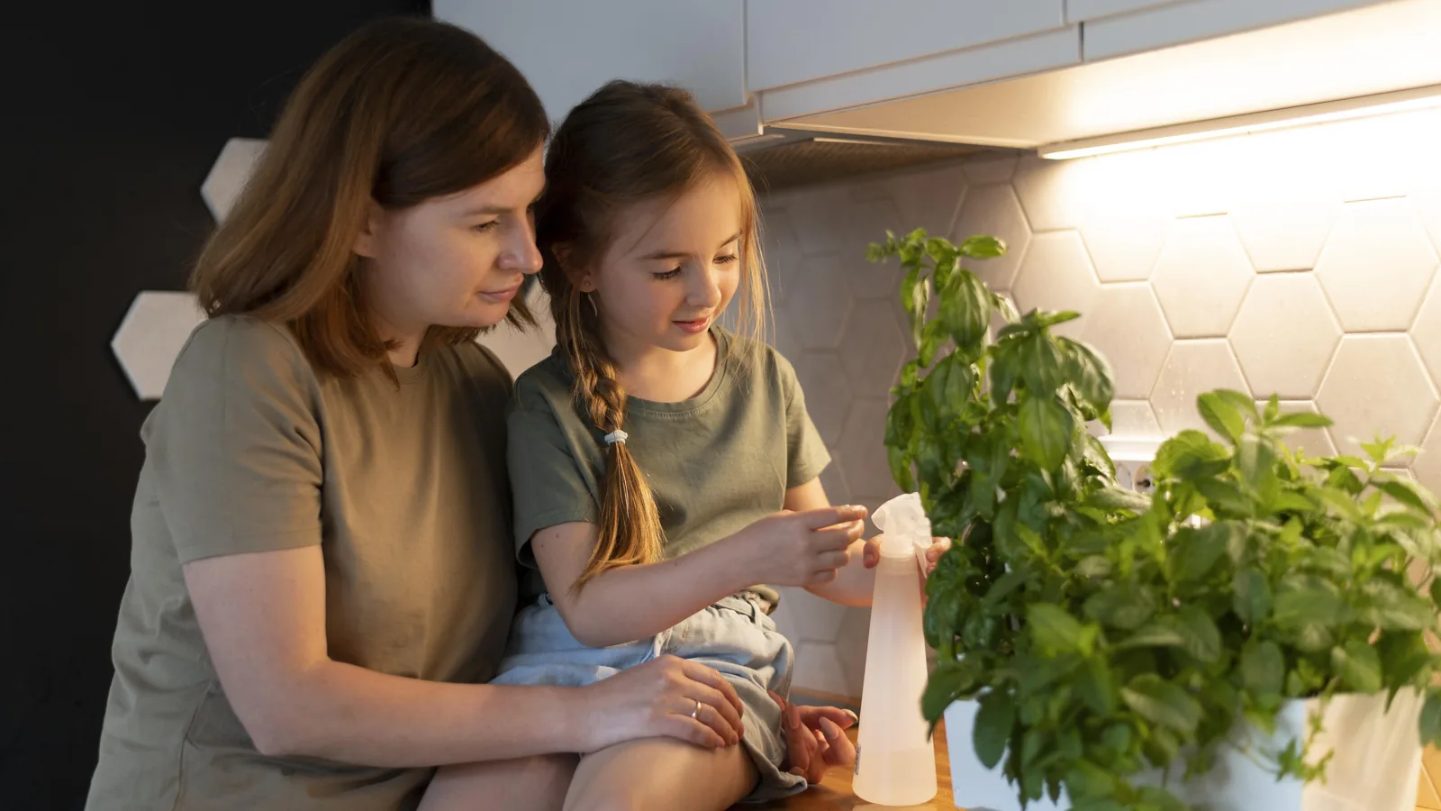 Une mère et sa fille prennent soin d'une plante dans leur cuisine